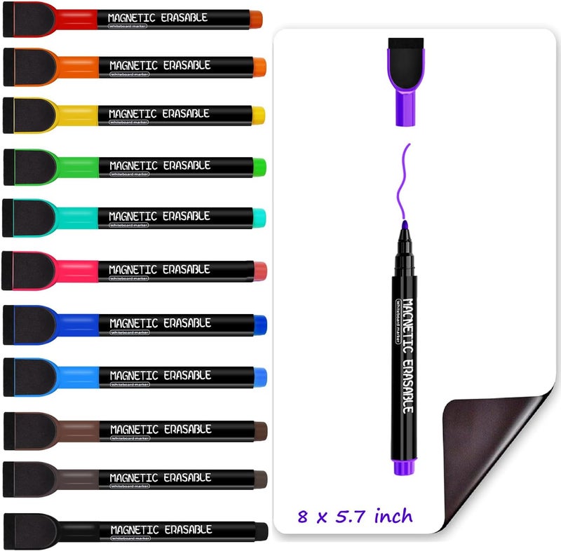 PRZRU Magnetic Dry Erase Markers Fine Tip - 12 Colors Whiteboard Markers with Eraser Cap, Low Odor Thin Dry Erase Markers for Kids Teachers, Work On White board & Calendar, Refrigerator, Kids Gift - Image 1